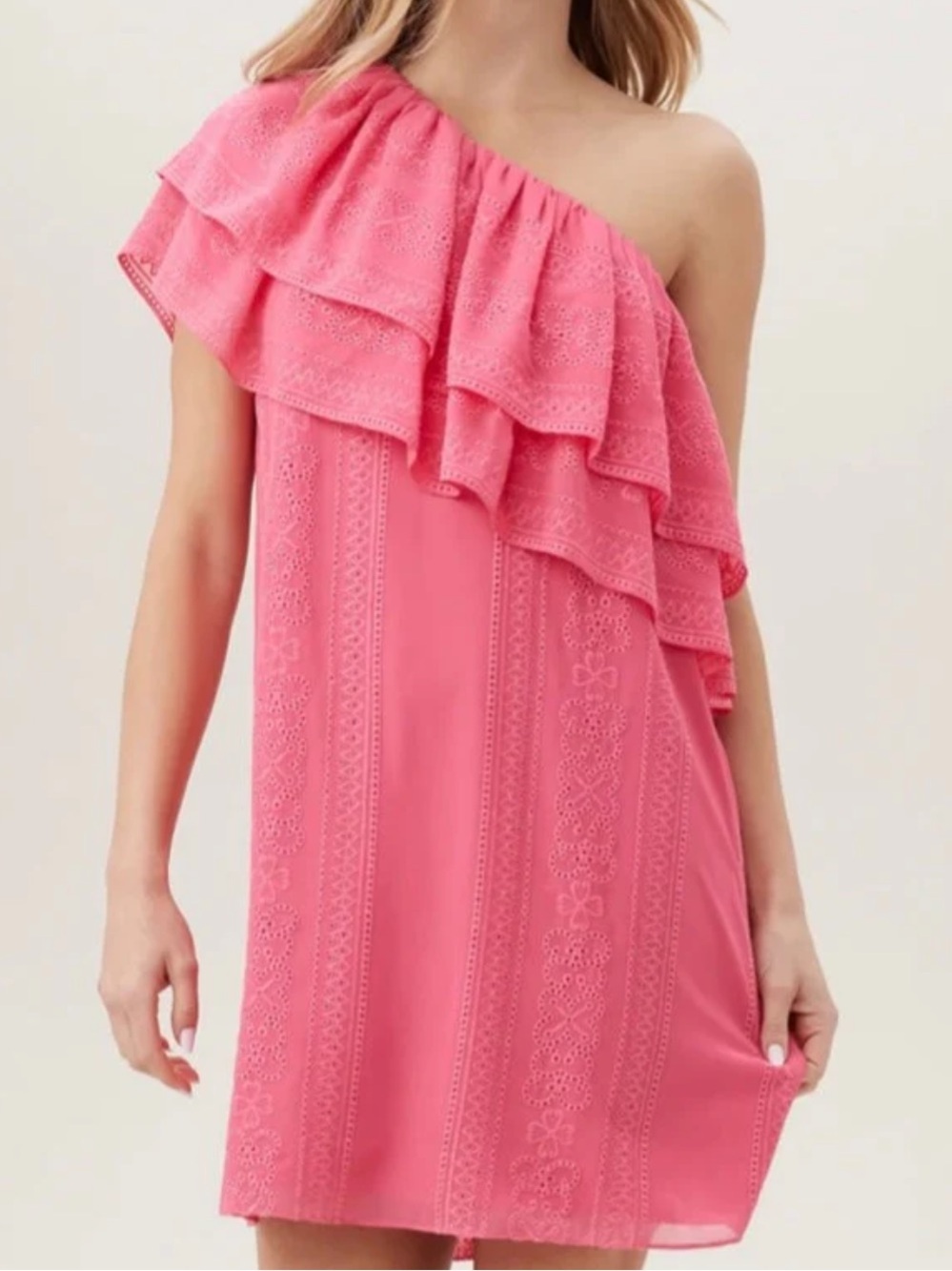 NWT Trina Turk Phebe One Shoulder Ruffle hot Pink Eyelet Dress Size M